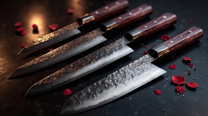 Modern handmade knives on display stand
