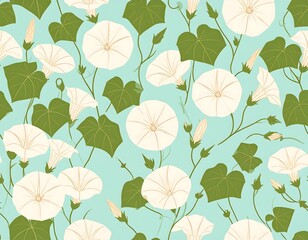 Whimsical white flowers and leaves on a light teal background