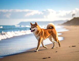 Shiba Inu dog on a beach at sunrise