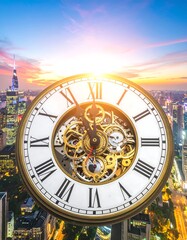 Obraz premium Clock Face Over Cityscape at Sunset