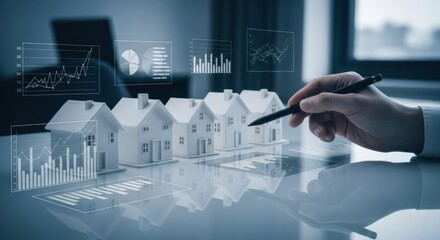 Houses aligned with superimposed graphs, a hand points