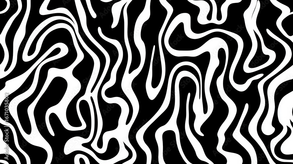 Poster a dynamic black and white abstract pattern featuring flowing, wavy lines that create a visually stri