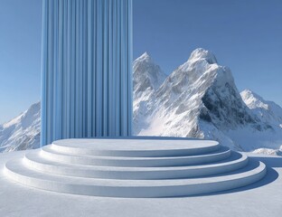 Snowy mountain backdrop with a light blue curtain and tiered platform.