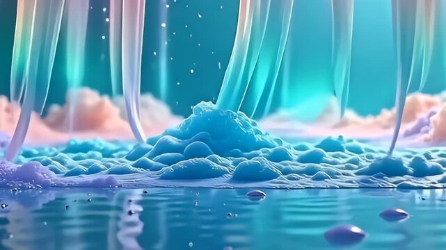 Create a dazzling molecule with pulsating layers like aurora curtains, against a clean turquoise background, where layers shift from soft pastel colors to deep jewel tones, slowly rising and