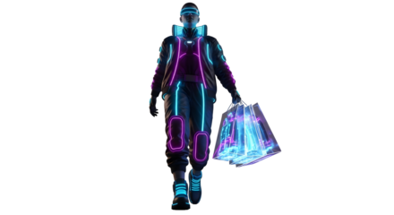 Futuristic man in neon clothing holding shopping bags, isolated on white background