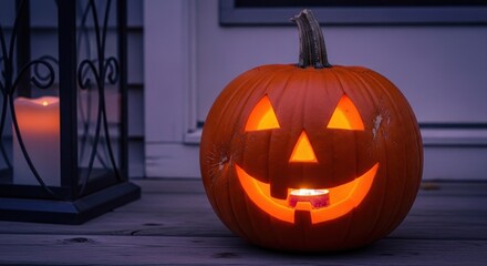 Fototapeta premium Jack-o'-lantern, lit, sits outside with a candle, lantern on left