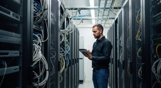 IT worker in a server room with tablet, inspecting complex cabling and racks