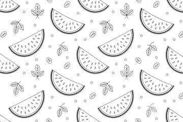  a charming monochrome pattern featuring stylized watermelon slices, interspersed with small leaves and coffee beans.