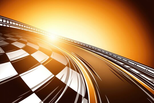 Race track vector illustration, black and white checkered flag and speed lines, orange gradient background, low angle view