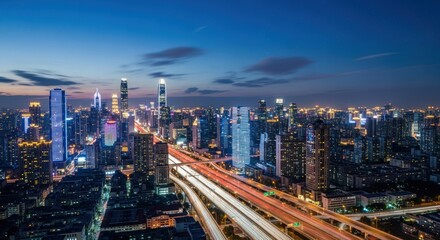 Dramatic Nightscape of Modern City Skyline with Illuminated Skyscrapers and Busy Highways