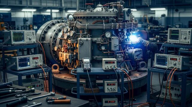 Comprehensive view of an aircraft carriers steam catapult generator module surrounded by diagnostic instruments in a repair shop.