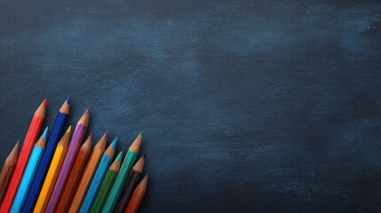 Colorful pencils on dark chalkboard background for art and education concepts