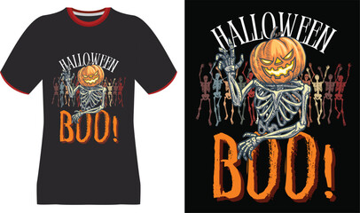 Spooky Skeleton with Pumpkin Head and Dancing Skeletons Halloween T-Shirt Design
