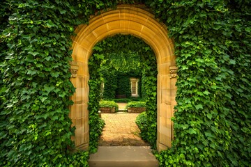 Old stone door in park near castle
