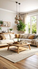 Fototapeta premium Sunlit Japandi Living Room with a Beige Sectional and Lush Greenery.