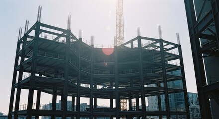 Metal skeleton of building under construction with crane silhouetted by sun