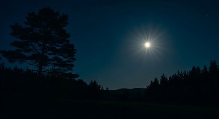 Serene Full Moon Night Sky Over Dark Landscape.