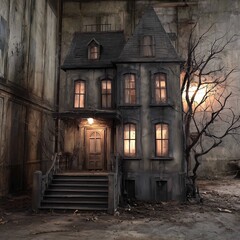 Spooky abandoned victorian house in dim light with leafless trees and gothic charm