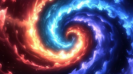A vibrant swirling galaxy of red, blue, and orange colors, evoking cosmic energy and movement.