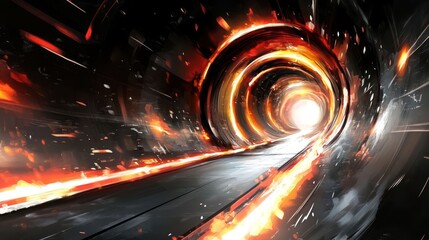 A dynamic, fiery tunnel leading to a bright light, evoking a sense of adventure and mystery.