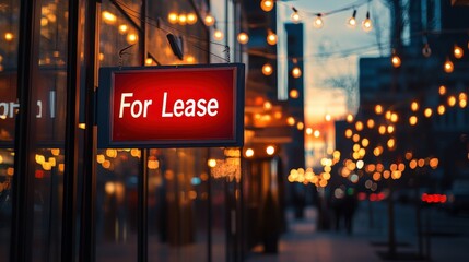 A vibrant urban scene featuring a "For Lease" sign against a backdrop of warm, glowing lights, indicating evening ambiance and potential business opportunities.