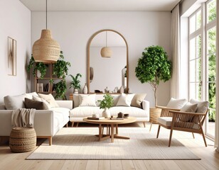 Sunlit Japandi Living Room with Arched Mirror and Natural Textures.