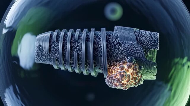 Highresolution image of microstructure development inside titanium implant produced by additive manufacturing in a specialized cell environment.