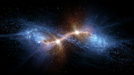 Cosmic visualization of two supermassive black holes with powerful energy streams connecting them across vast distance, astrophysical space phenomenon concept