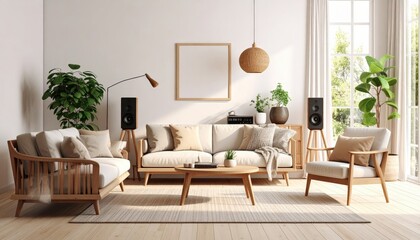 Sunlit Japandi Living Room with Light Wood Furniture and Blank Frame Mockup.