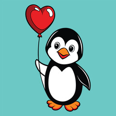 cute cartoon penguin holding red heart shaped balloon
