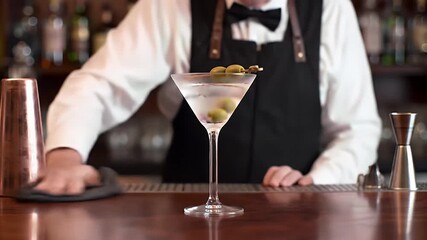 Elegant Martini with Green Olives Served on Wooden Counter Top Prepared by Bartender Martini Glass with Clear Liquid Surrounded by Bar Tools Adds a Touch of Class and Enjoyment