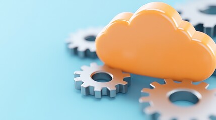 A vibrant orange cloud sits atop metallic gears, symbolizing cloud computing and the integration of technology with machinery.