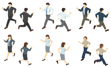Fototapeta premium アイソメトリックイラスト：走るスーツ男女セット