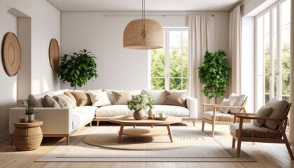 Sunlit Japandi Living Room with Natural Wood and Woven Rattan Accents.