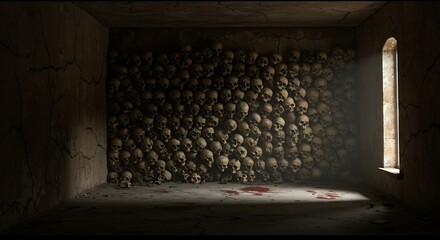 Empty room with collection of human skulls signifying a massacre of sorts. in the wall