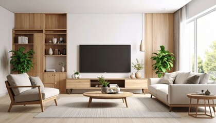 Fototapeta premium Sunlit Japandi Living Room with Light Wood Furniture and Natural Elements.