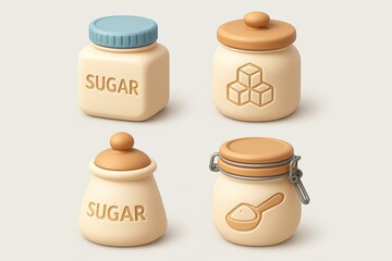 Set of Four Cream and Beige Sugar Storage Jars with Lids on Light Background