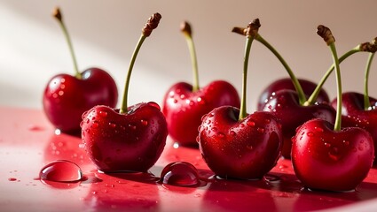 Top view of fresh cherries with stems, dewy water droplets highlighting freshness, minimalist bright background.