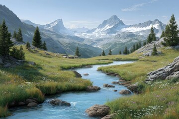 Picturesque mountain stream flowing through lush green meadows with snow-capped peaks in the background