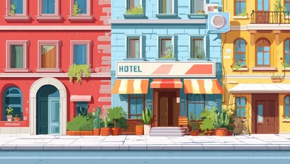Obraz premium Colorful European city street scene with hotel