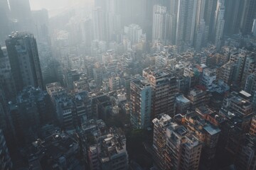 Obraz premium High angle view of densely packed buildings and rooftops in a megacity showing overpopulation issue, muted tones, atmospheric haze, no people in focus, no text.