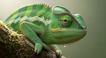Fototapeta premium A detailed closeup of a vibrant green chameleon perched on a mossy branch