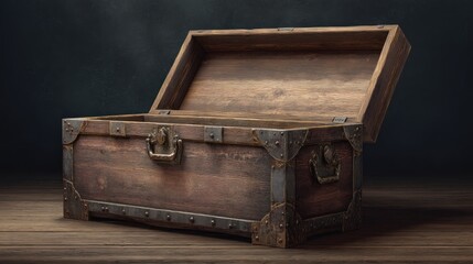 Antique wooden chest open, empty interior, rustic