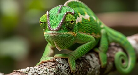 Obraz premium A green chameleon perched on a branch