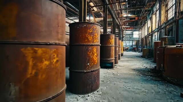 Row of rusty barrels in an abandoned industrial warehouse. Decay and neglect.
