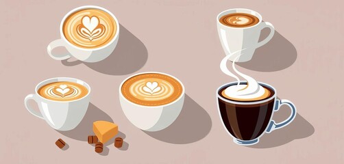 Flat vector illustrations of coffee cups; cappuccino, mocha, latte, coffee shop menu icons for social media,  graphic,  white background