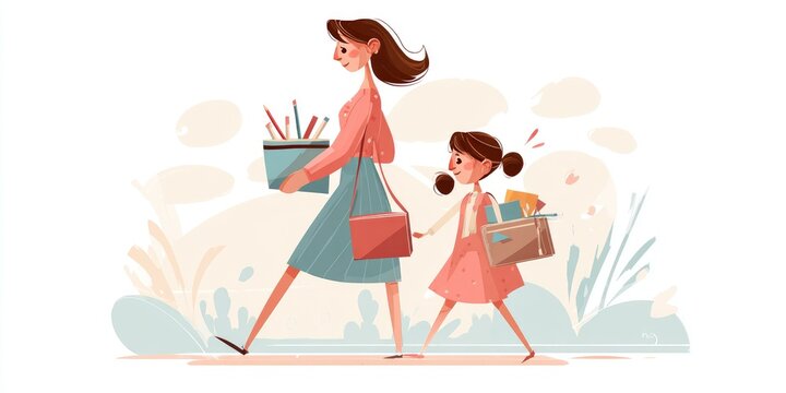 Mother and daughter walking home from school, carrying school supplies