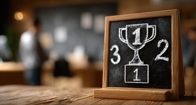 Chalkboard with a trophy and ranking numbers, blurred office background