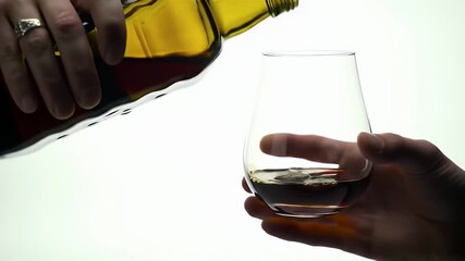 Pouring Amber Liquor from Dark Glass Bottle into a Clear Glass The Action Captured with Precision Perfect for Bars and Beverage Advertisements with Clean White Background