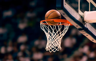 Basketball soaring through the air towards the hoop in a gymnasium during a competitive game, capturing the intensity and anticipation of the sport.